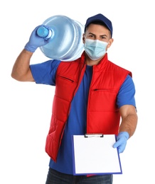 Photo of Courier in face mask with clipboard and bottle of cooler water on white background. Delivery during coronavirus quarantine