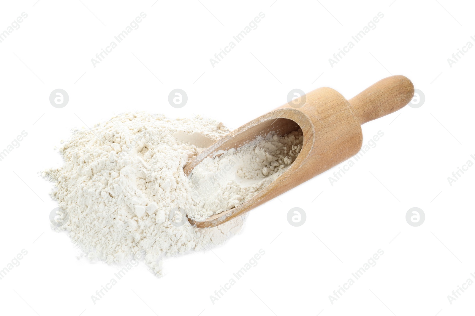 Photo of Organic flour and wooden scoop isolated on white, above view