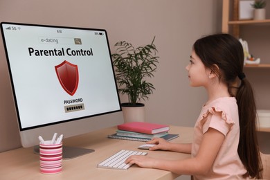 Photo of Little girl having access restriction by parental control on computer at home. Child safety