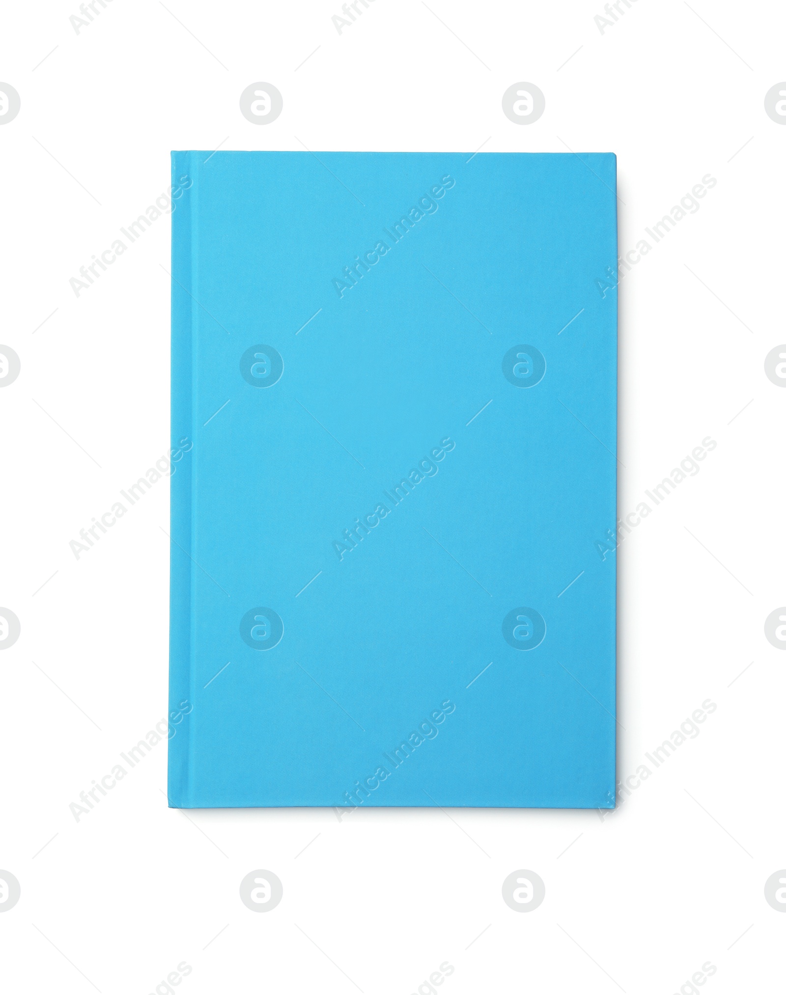 Photo of Stylish light blue notebook isolated on white, top view