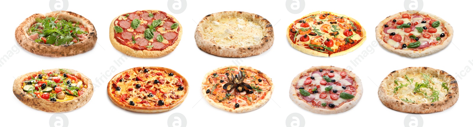 Image of Set with different delicious pizzas on white background. Banner design