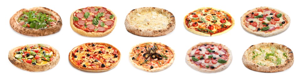 Set with different delicious pizzas on white background. Banner design