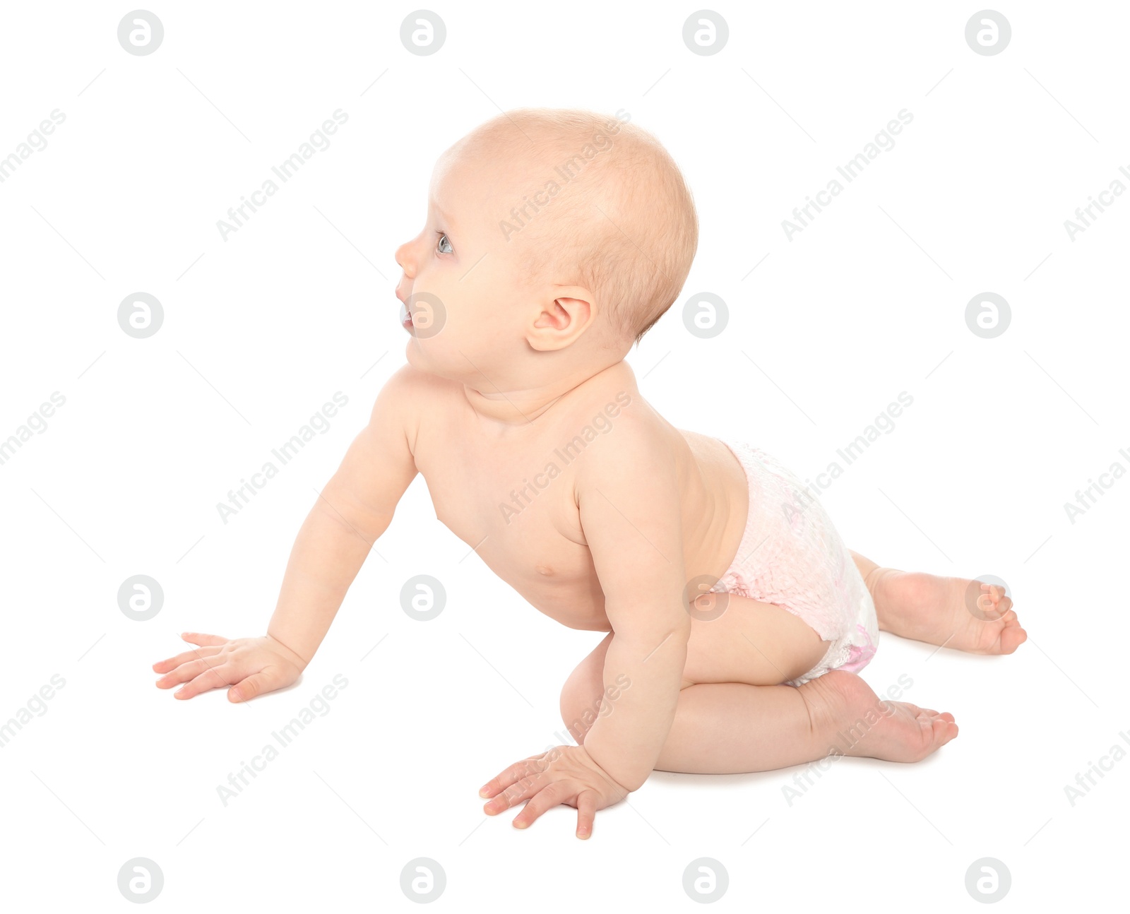 Photo of Cute little baby on white background. Crawling time