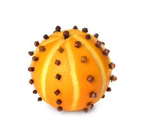 Photo of Pomander ball made of fresh orange and cloves isolated on white