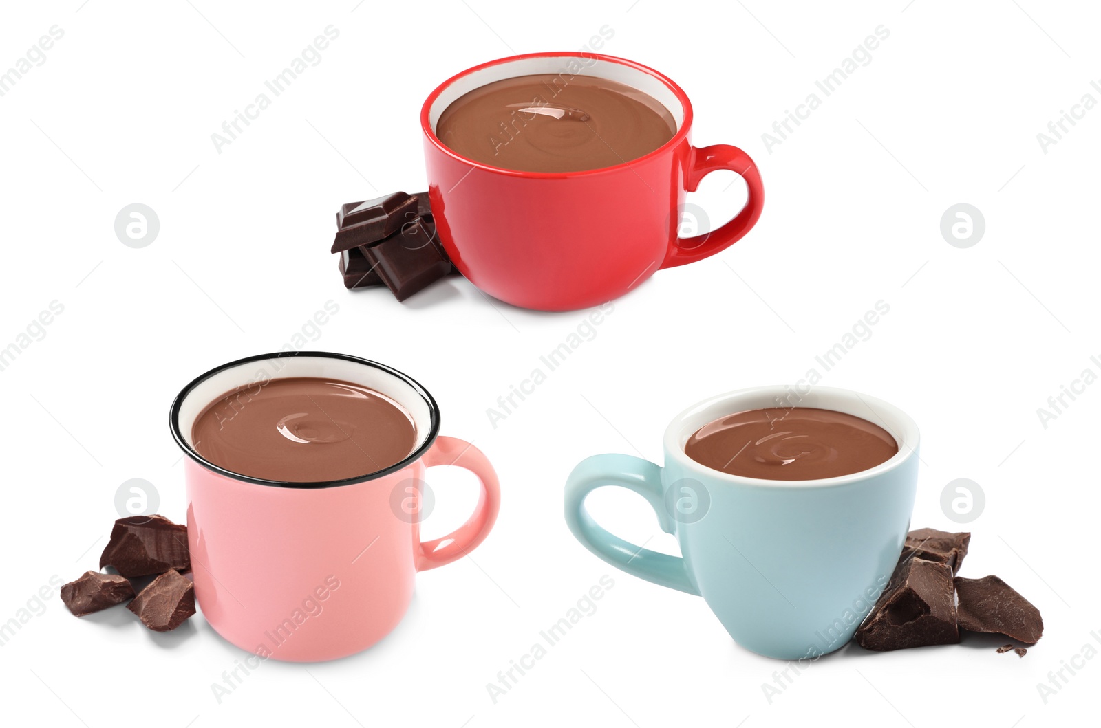 Image of Delicious hot chocolate in cups isolated on white, set