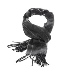 Photo of Black scarf isolated on white. Stylish accessory