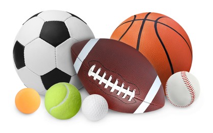 Image of Group of different sport balls on white background