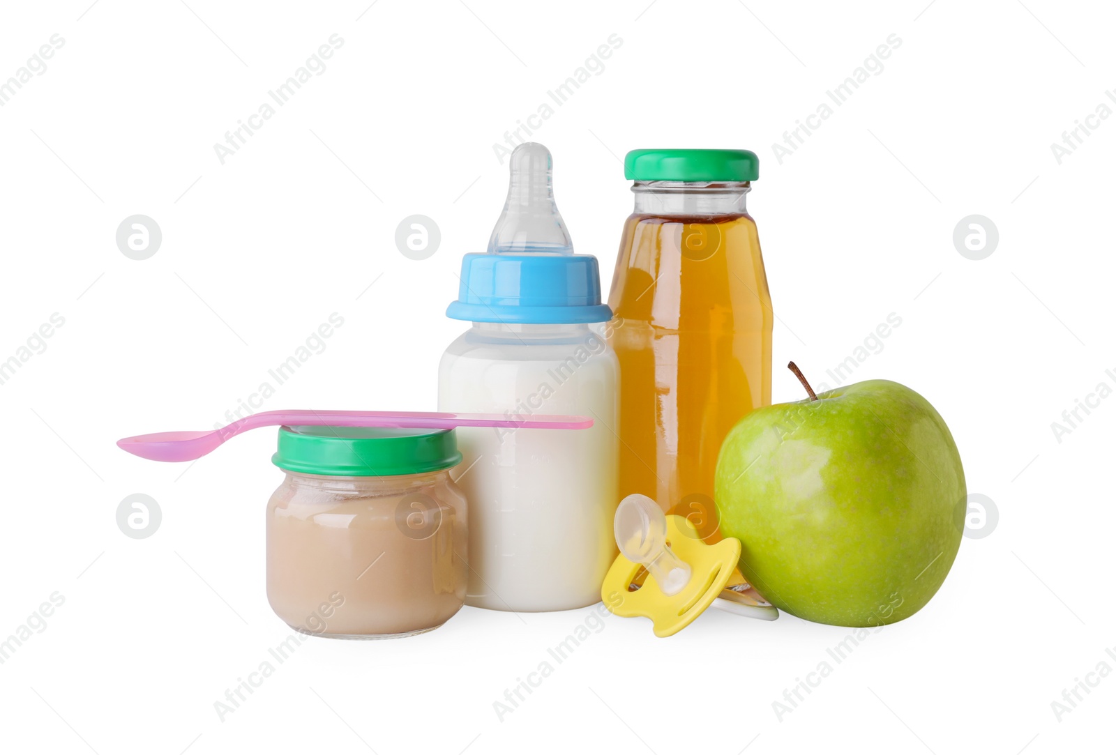 Photo of Healthy baby food, bottles with juice, milk, apple and pacifier on light grey background