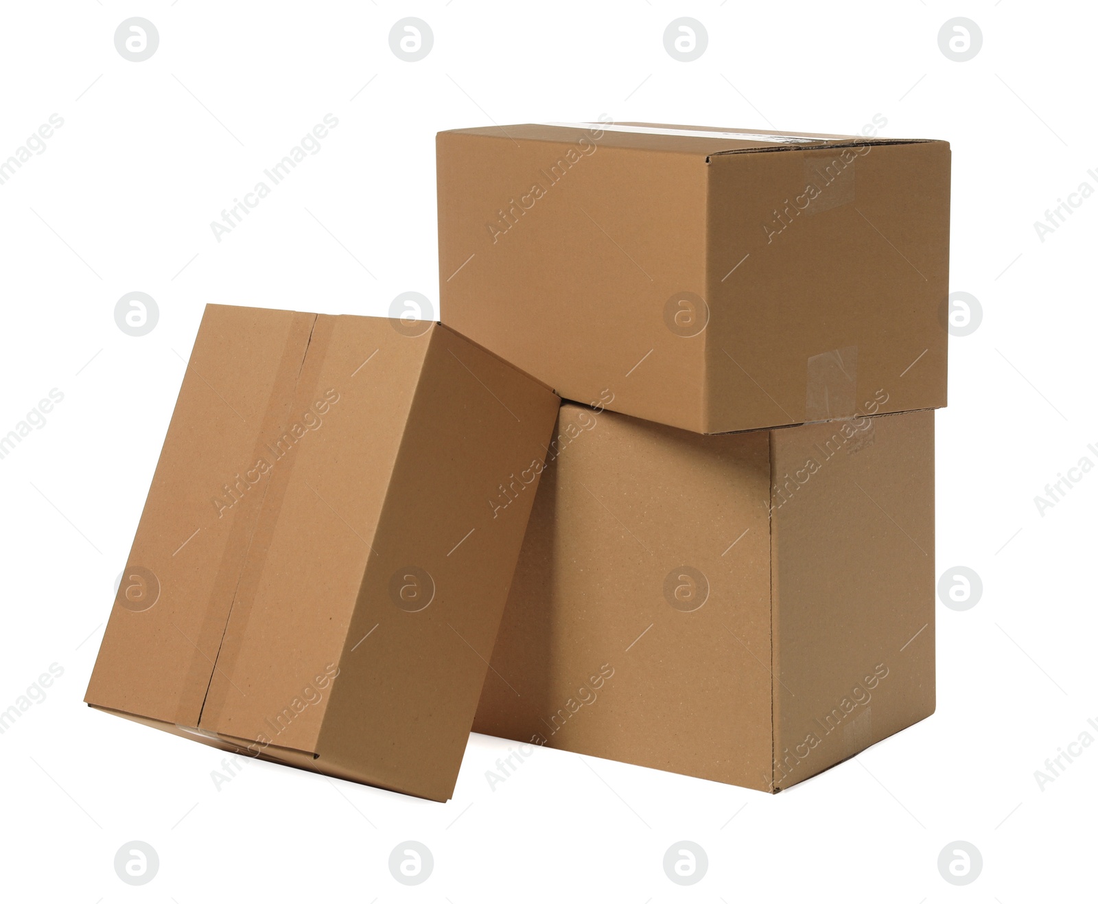 Photo of Many closed cardboard boxes on white background. Delivery service