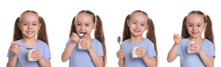 Image of Collage with photos of cute little girl with tasty yogurt on white background. Banner design