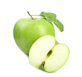 Photo of Fresh ripe green apples with leaf on white background