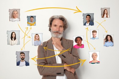 Image of Man surrounded by scheme of avatars linked together as network on white background
