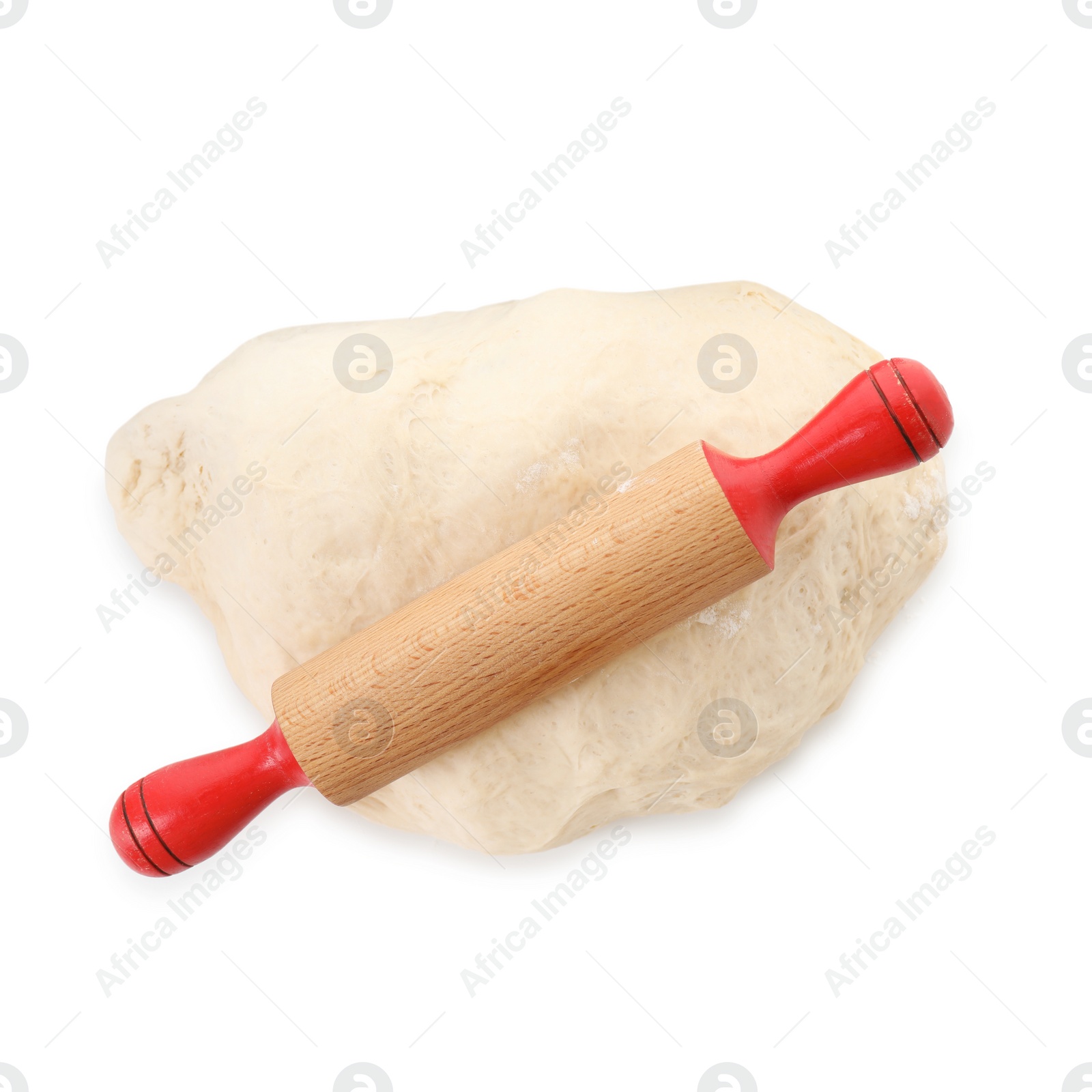 Photo of Raw dough and rolling pin isolated on white, top view