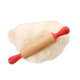 Photo of Raw dough and rolling pin isolated on white, top view