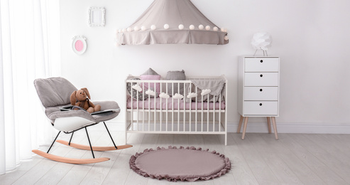 Image of Baby room interior with comfortable crib. Banner design