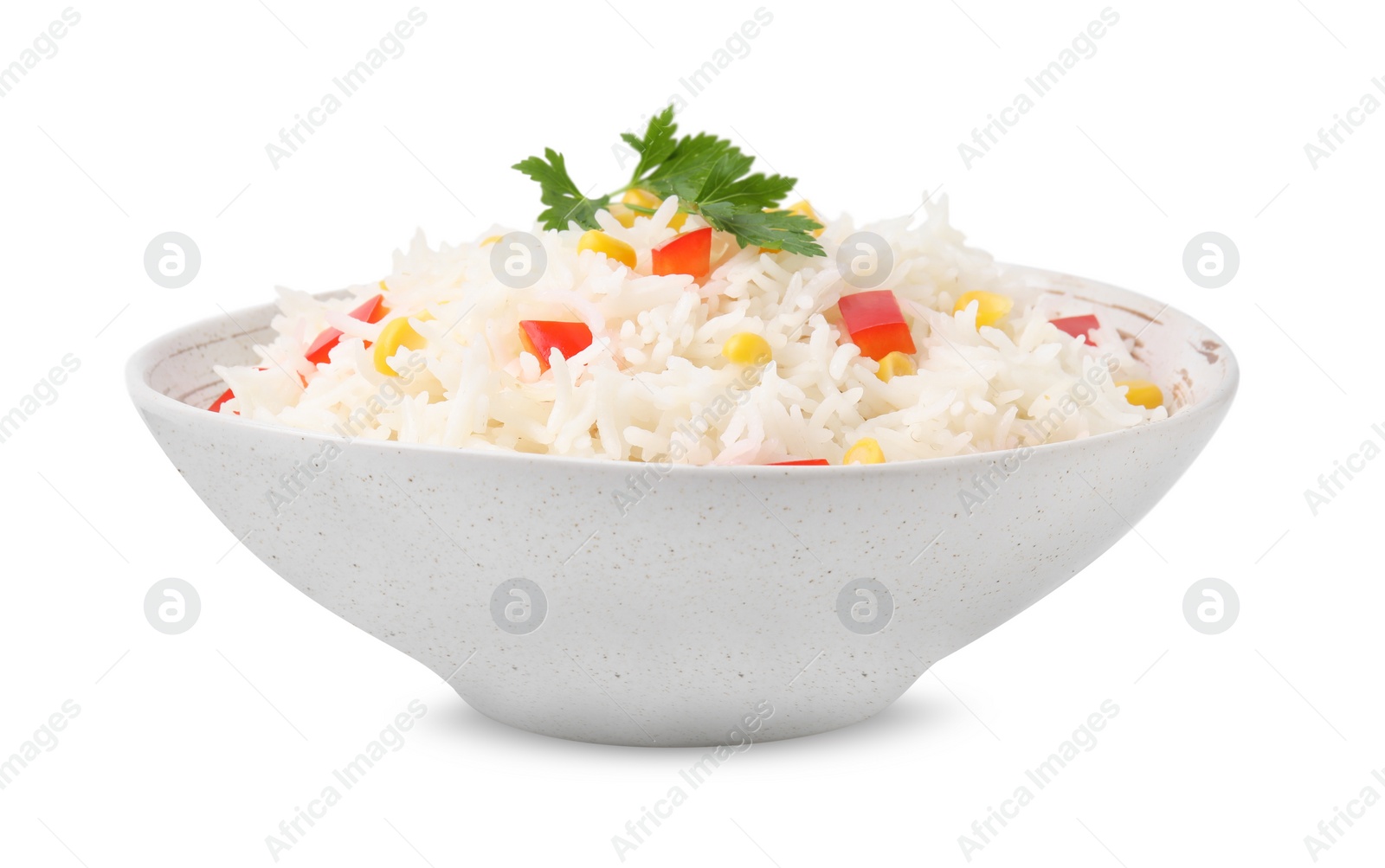 Photo of Delicious rice with vegetables and parsley isolated on white