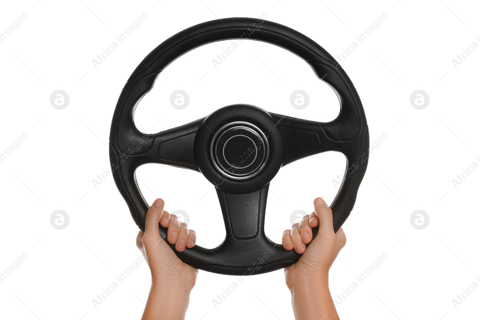 Photo of Woman with steering wheel on white background, closeup