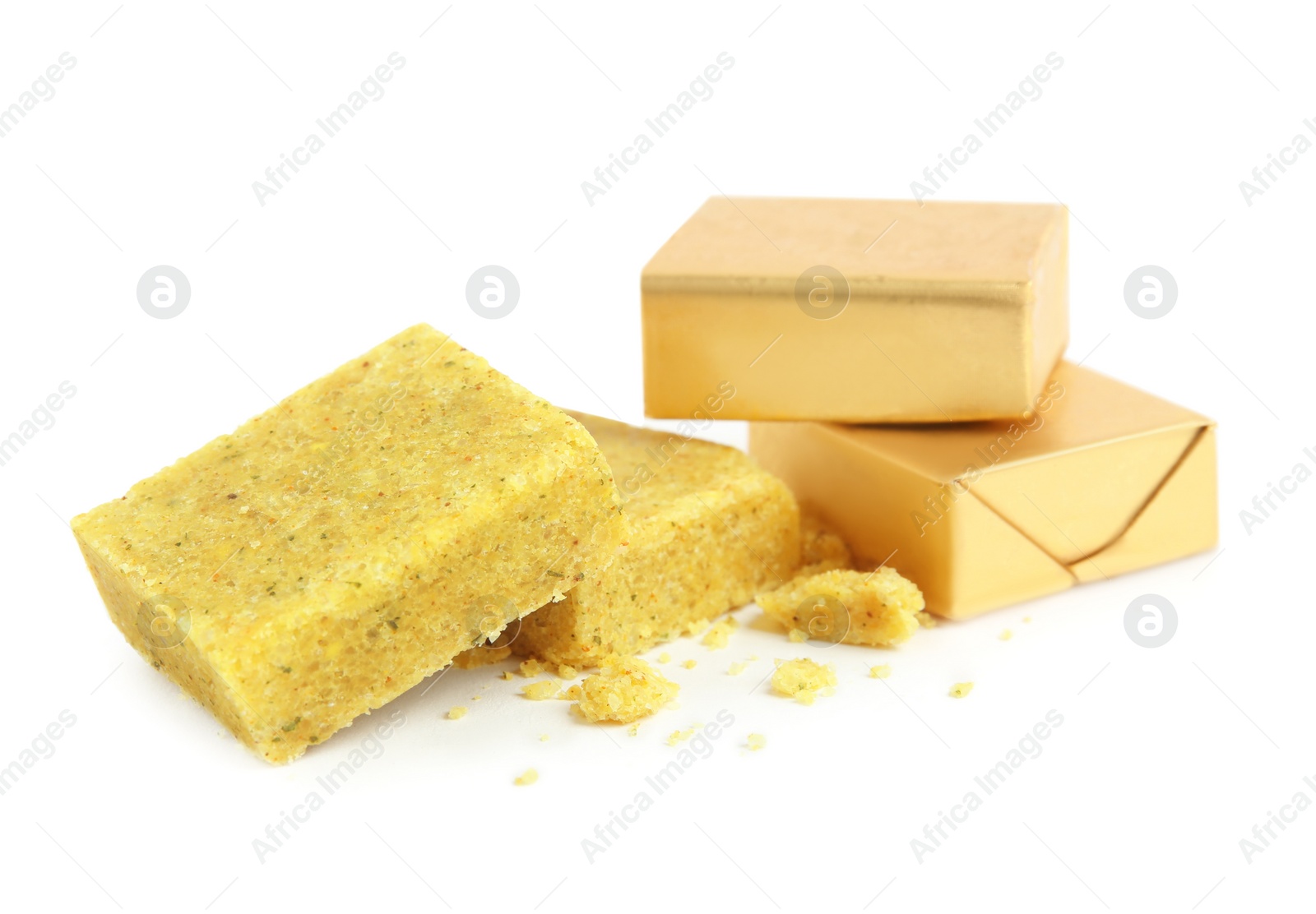 Photo of Bouillon cubes on white background. Broth concentrate