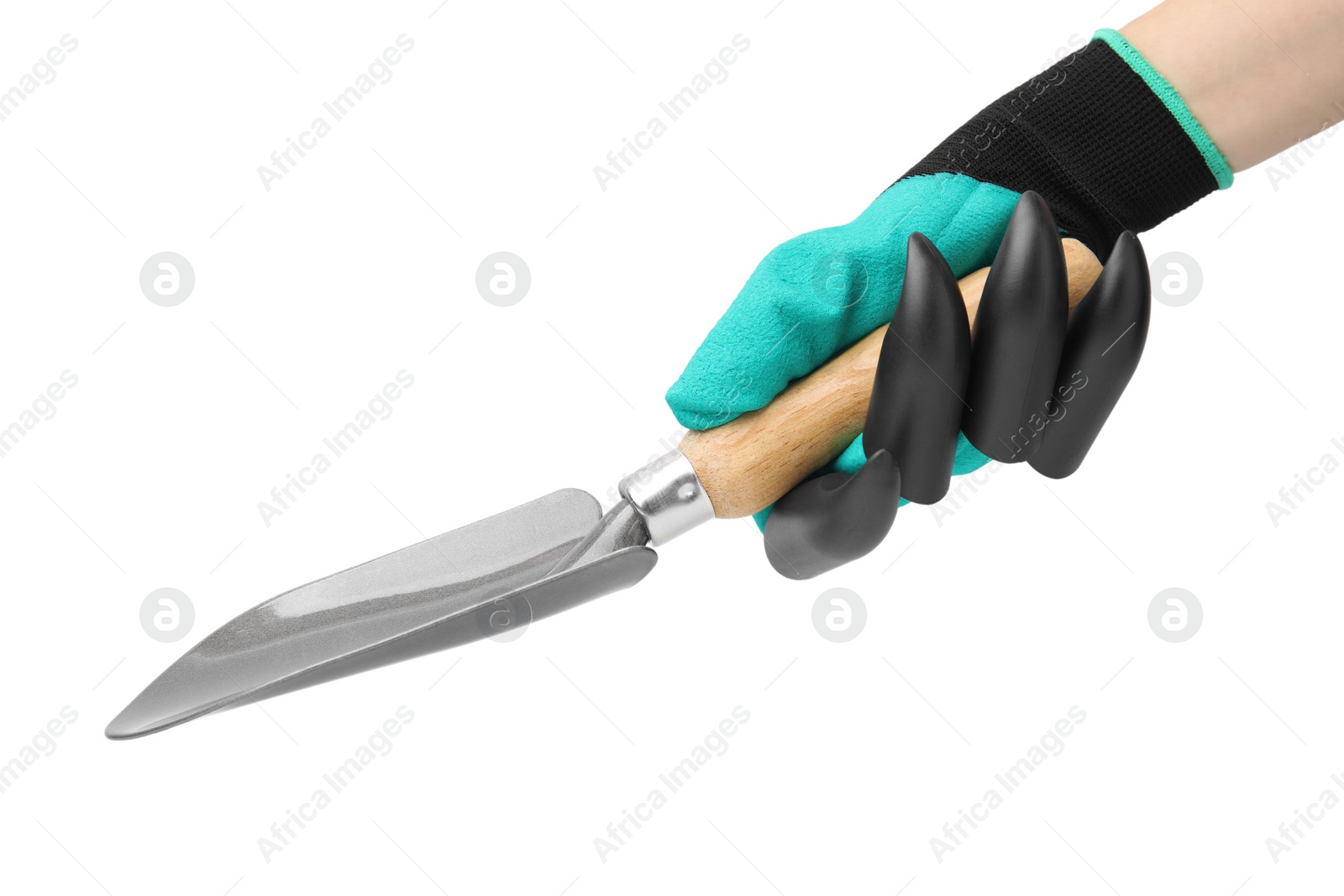 Photo of Woman in claw gardening glove holding trowel on white background, closeup