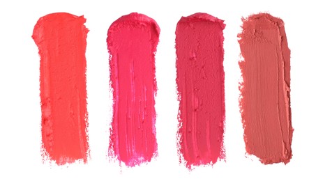 Image of Smears of different beautiful lipsticks on white background, top view. Banner design