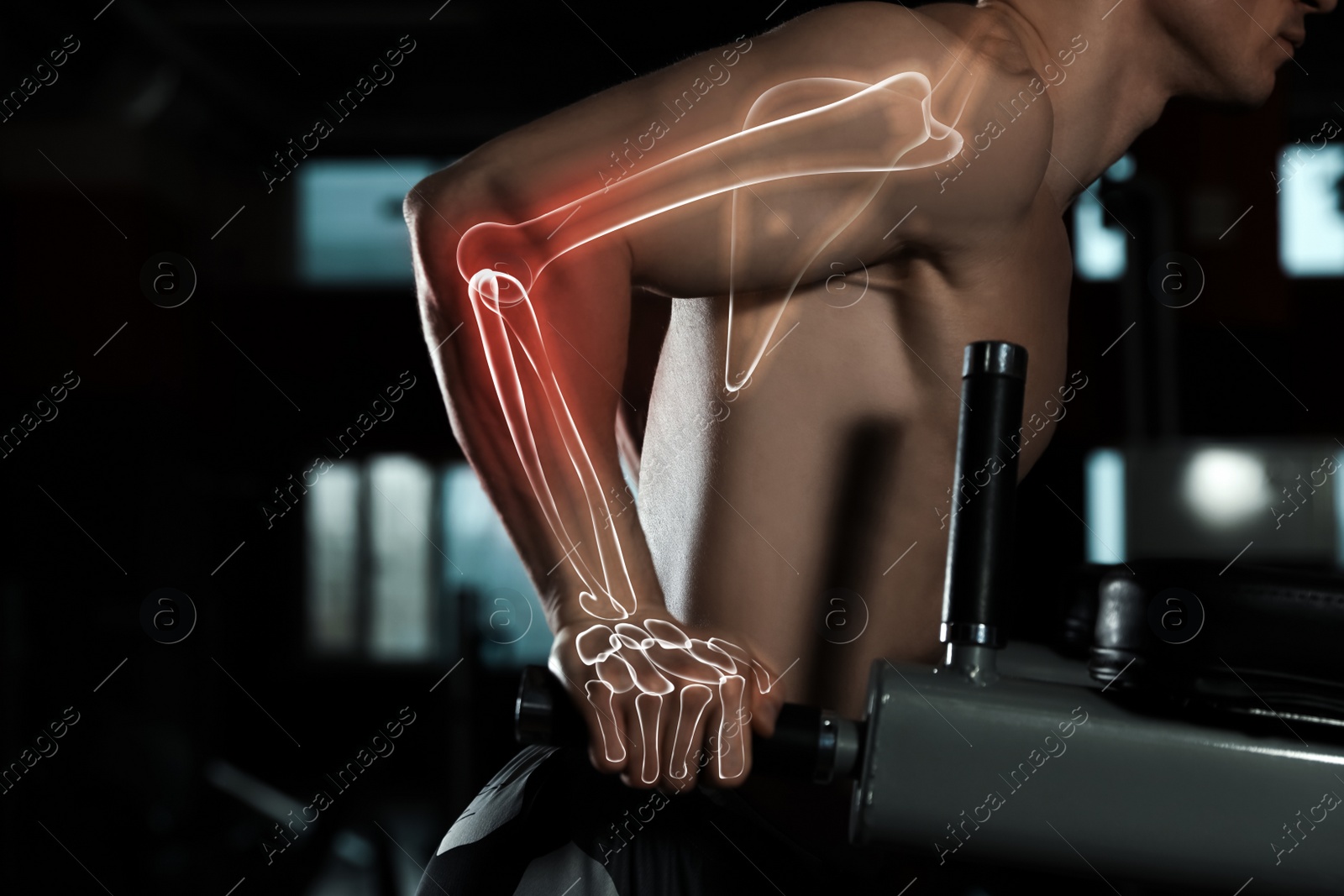 Image of Digital composite of highlighted bones and strong man working out on parallel bars in gym, closeup