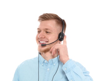 Portrait of technical support operator with headset isolated on white