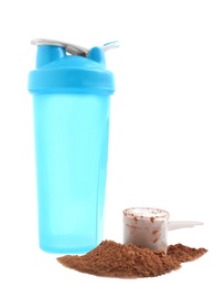 Photo of Bottle, scoop and pile of protein powder isolated on white