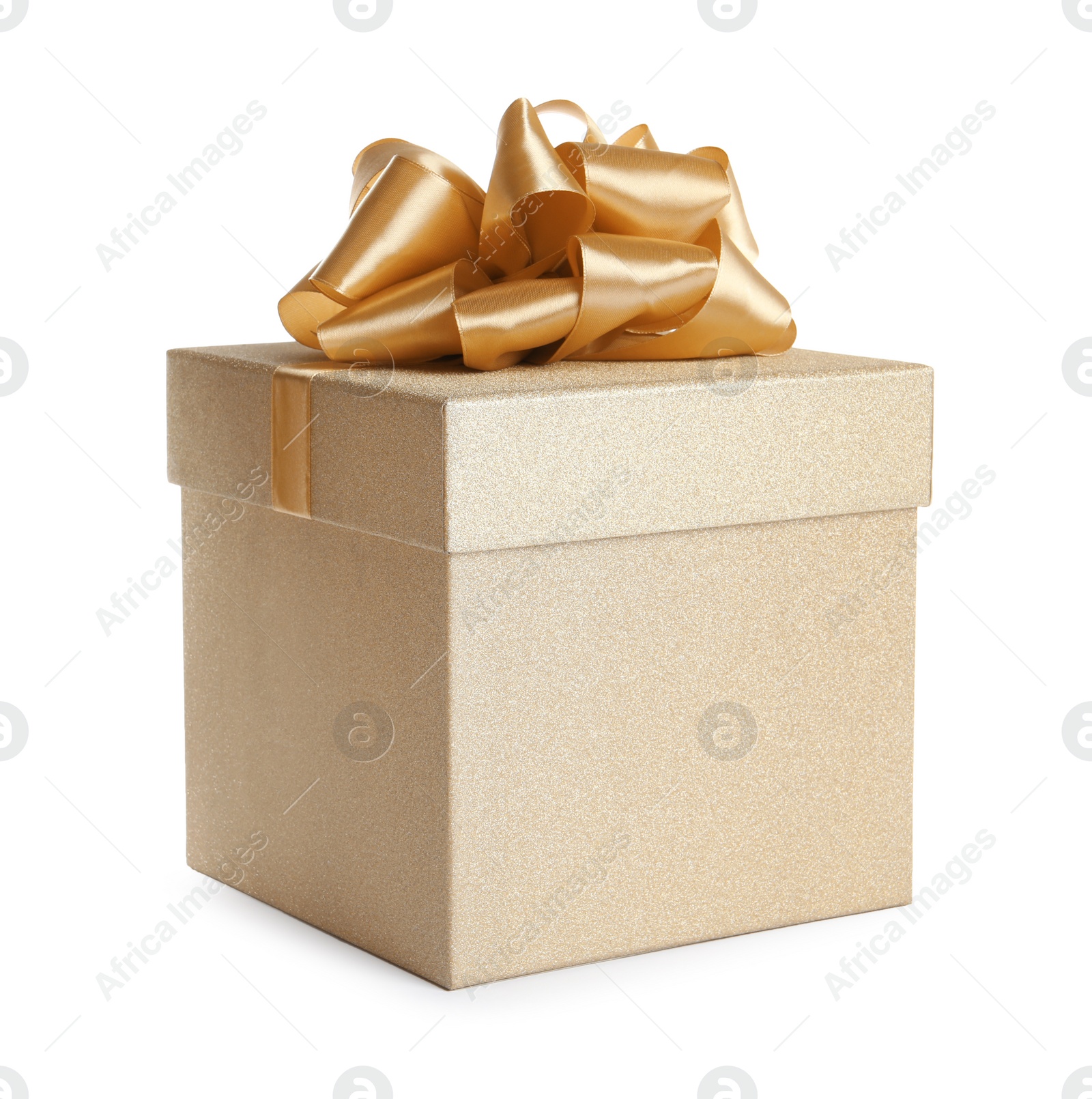 Photo of Golden gift box with satin bow on white background