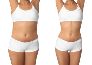Image of Collage with photos of woman before and after weight loss diet on white background, closeup