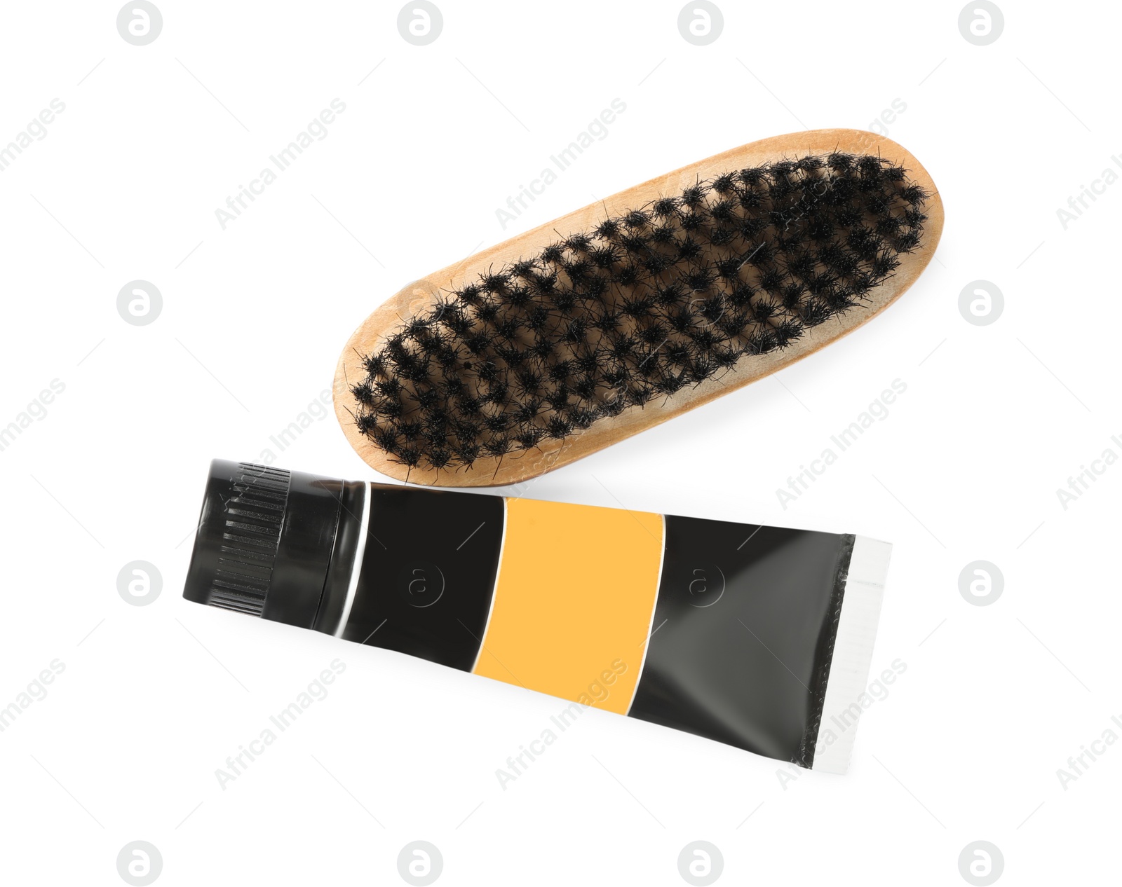 Photo of Shoe care accessories on white background, top view