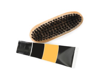 Photo of Shoe care accessories on white background, top view