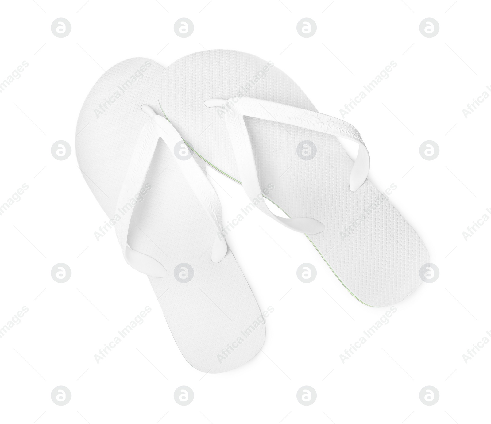 Photo of Pair of stylish flip flops isolated on white, top view