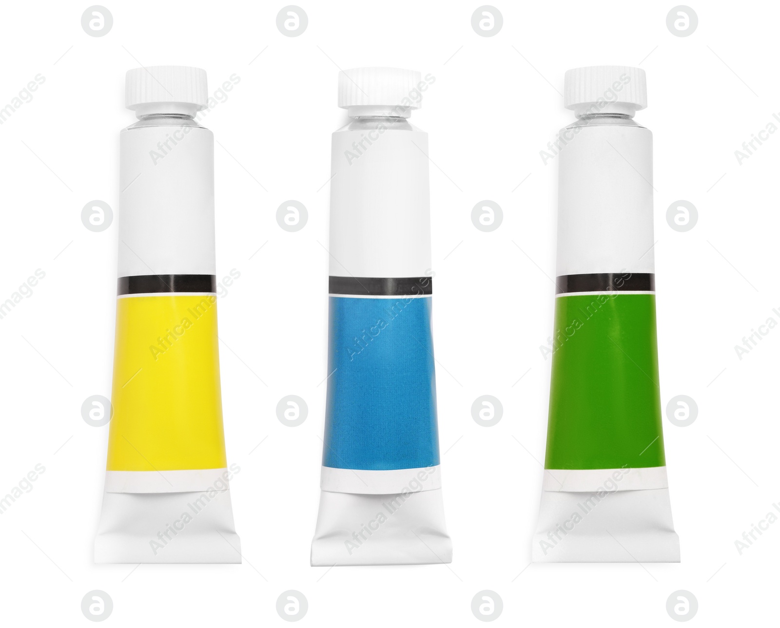 Image of Set of tubes with colorful oil paints on white background, top view