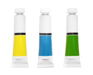 Image of Set of tubes with colorful oil paints on white background, top view