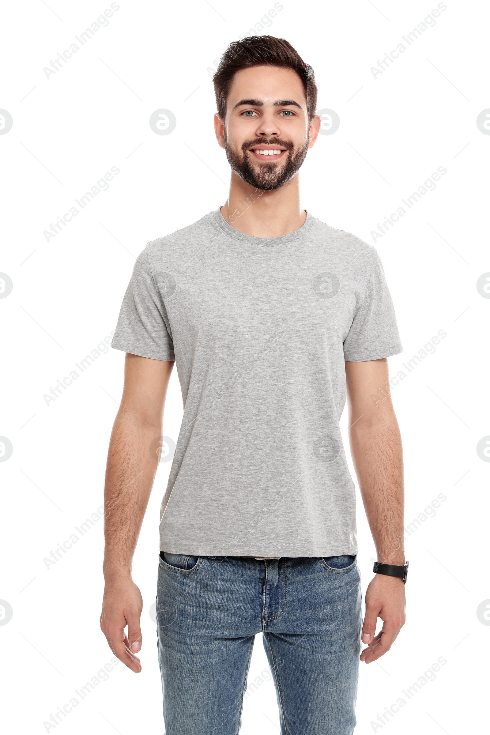 Photo of Young man in t-shirt on white background. Mock up for design