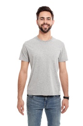 Young man in t-shirt on white background. Mock up for design