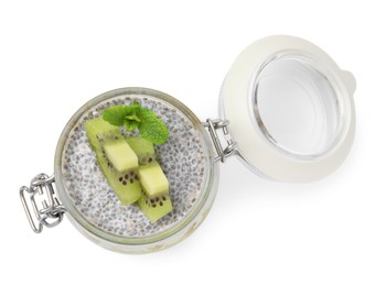 Photo of Delicious dessert with kiwi and chia seeds isolated on white, top view