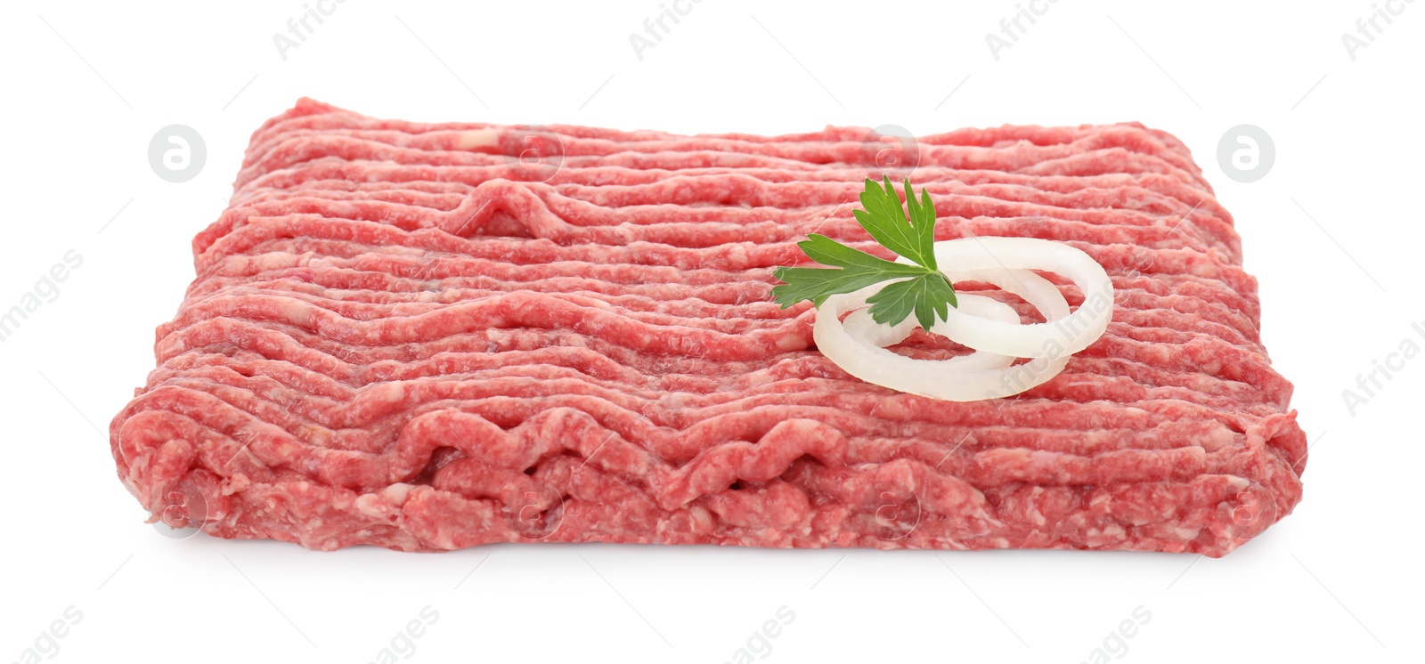 Photo of Raw ground meat, onion and parsley isolated on white