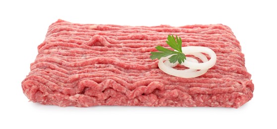 Raw ground meat, onion and parsley isolated on white