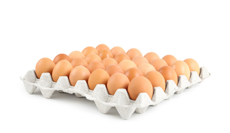 Raw chicken eggs in carton tray isolated on white