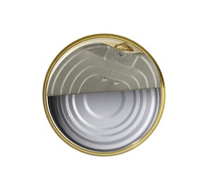 Photo of One open tin can isolated on white, top view