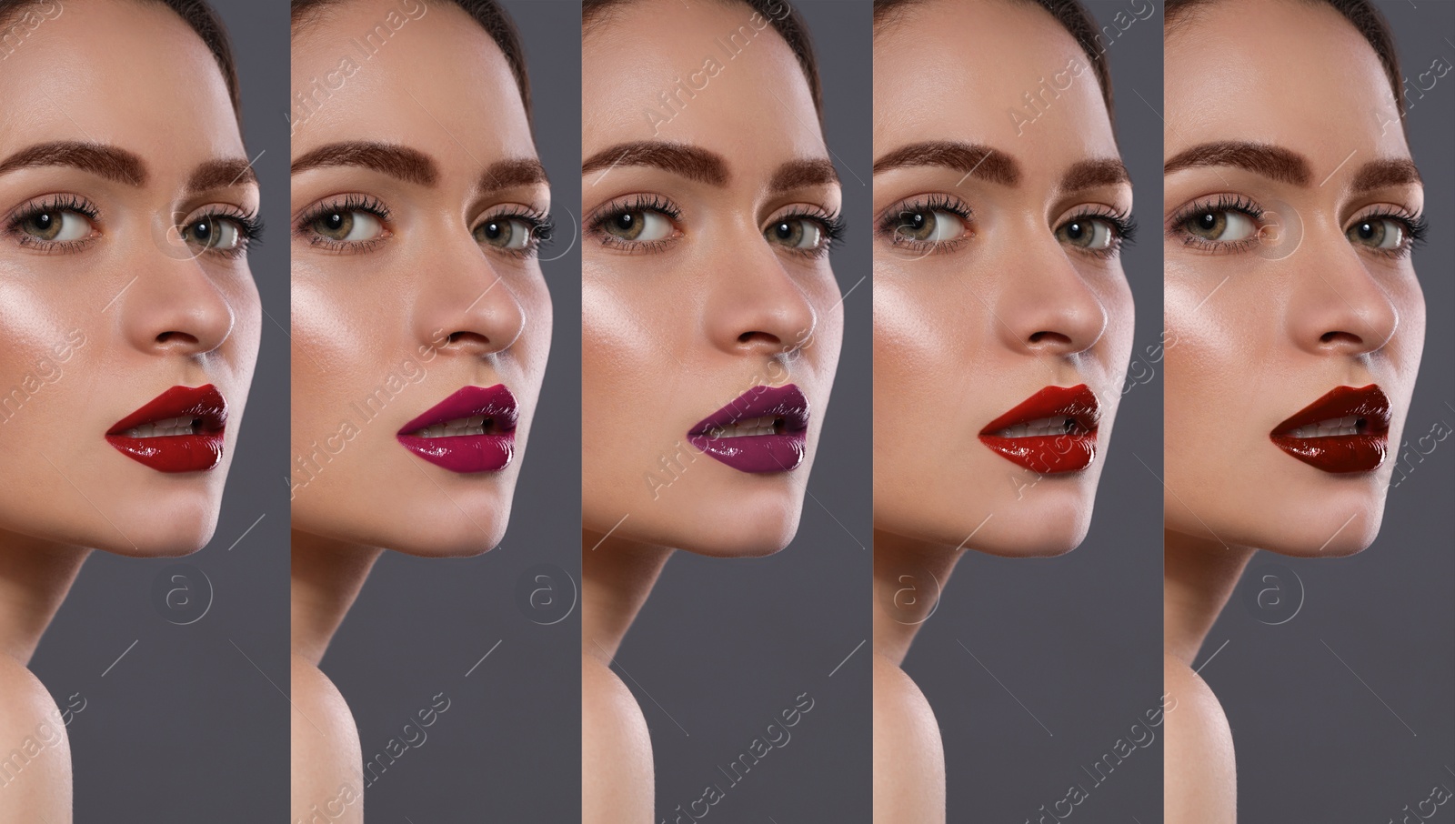 Image of Collage with photos of young woman with different glossy lipsticks on grey background. Banner design