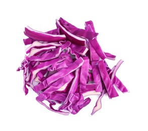 Photo of Shredded fresh red cabbage isolated on white, top view