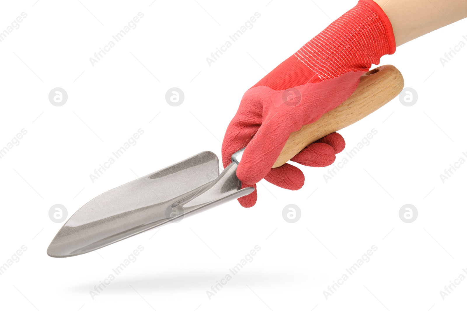 Photo of Woman in gardening glove holding trowel on white background, closeup