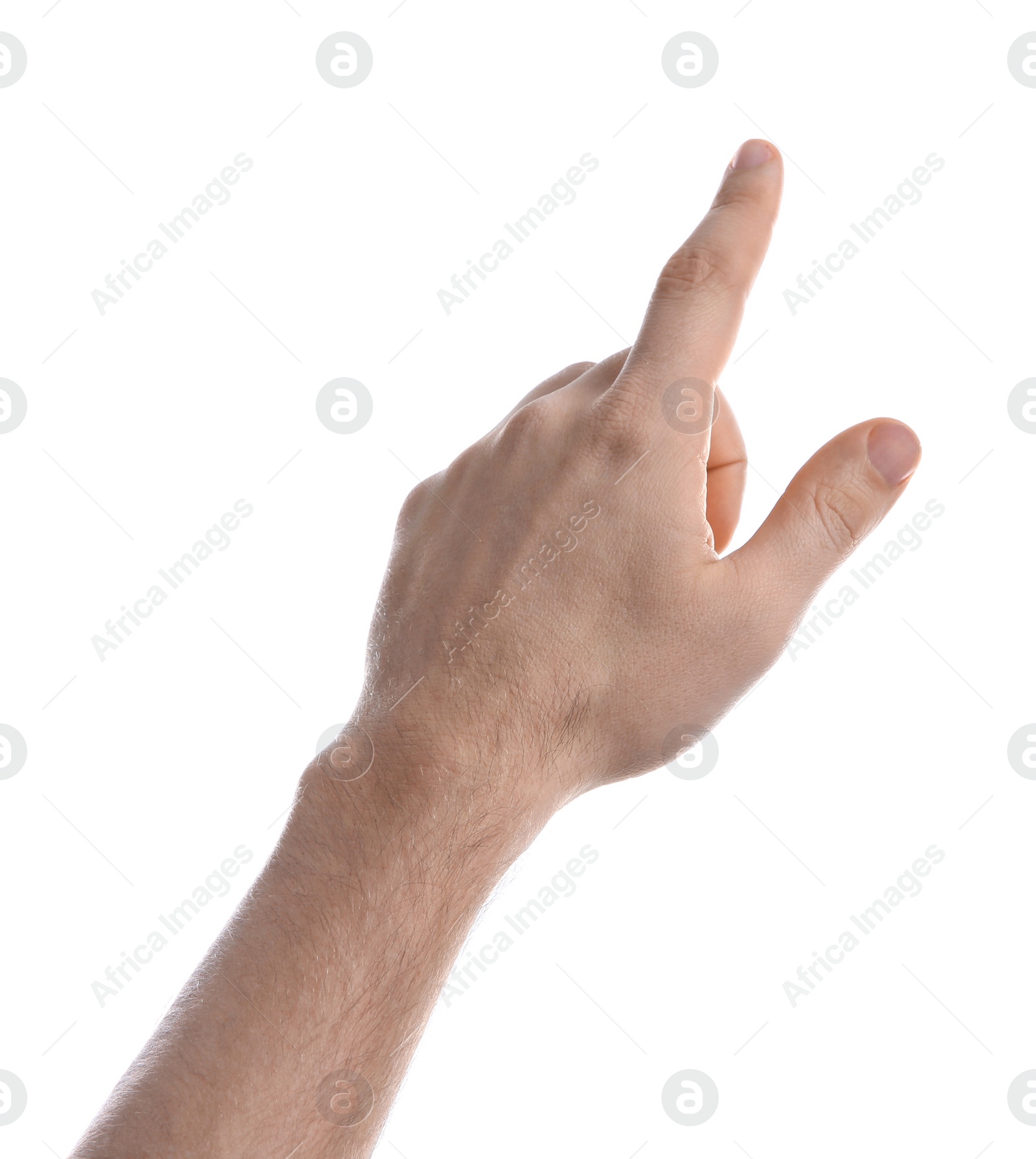 Photo of Man pointing at something on white background, closeup of hand