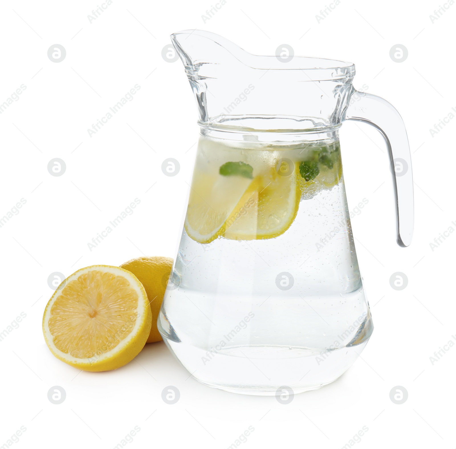 Photo of Glass jug of cold lemonade on white background