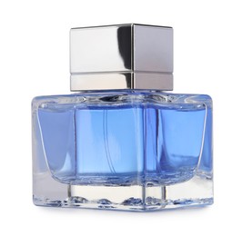 Photo of Blue men perfume in glass bottle isolated on white