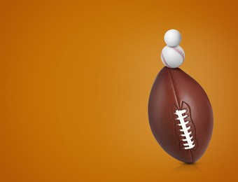 Image of Stack of different sport balls on dark orange background, space for text