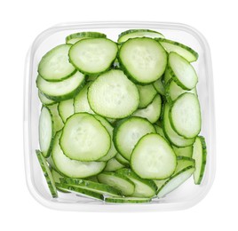 Photo of Fresh sliced cucumbers in plastic container isolated on white, top view