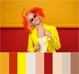 Image of Color palette and beautiful young woman with bright dyed hair